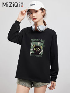 เสื้อยืดคอกลมแขนยาวผ้าฝ้ายสีดำสำหรับผู้หญิง ทรงหลวม ลำลอง สไตล์เกาหลี แฟชั่นอเนกประสงค์ เสื้อตัวบนผ้าฝ้ายแท้