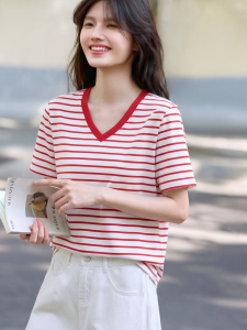 Basic House | Chic Red Striped V-Neck Short Sleeve T-Shirt Female