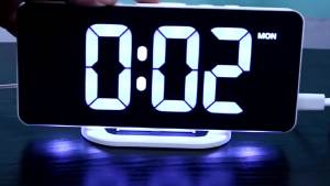 Digital Alarm Clock Desk/Wall Dimmable Electronic Clock with RGB Atmosphere Night Light Rainbow Time USB Charger Week Display
