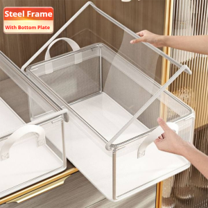 PVC Transparent Storage Basket for Clothes Underwear Storage Box Stainless Steel Frame Wardrobe Organizer Waterproof Cloth Box