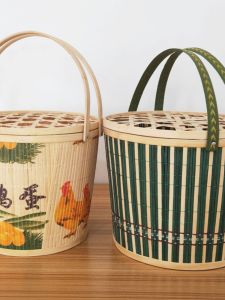 Handcrafted Bamboo Wicker Fruit Basket Egg Packaging Crayfish Harvesting Basket Portable Handheld Gift Basket Household Storage