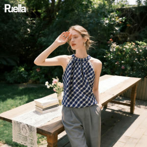 puella | Korean Style Round Neck Plunge Color-blocked Checked Blouse