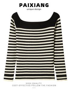 เสื้อสเวตเตอร์ถักแขนยาวทรงเข้ารูปสไตล์เกาหลีสำหรับผู้หญิง ฤดูใบไม้ร่วง 2025 ลายทาง ไหล่เดียว ทรงเข้ารูป ทรงเข้ารูป แขนยาว ทรงเข้ารูป