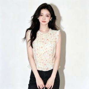 SHUAIYUE | Áo Thun Không Tay Phong Cách Nước Pháp Họa Tiết Hoa Ngọt Slim-fit Size Nhỏ