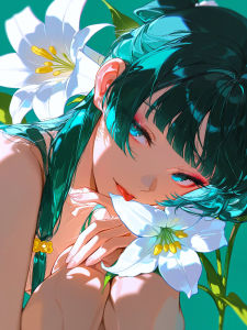 Bandai | Tranh Sơn Dầu Nhân Vật Anime Tóc Xanh Ngọc Với Hoa Lily - Tranh Nghệ Thuật Treo Tường Hiện Đại Không Khung Dành Cho Phòng Khách Trang Trí Nhà Cửa Vẽ Theo Số