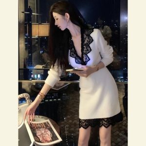 SHANGSHA | Elegant Small Figure White Lace Stitched Dress