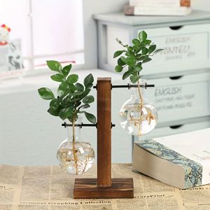Creative Wooden Frame Hydroponic Plant Container Glass Bulb Vase Home Tabletop Decor Vases Beaker Glass Planter Bonsai
