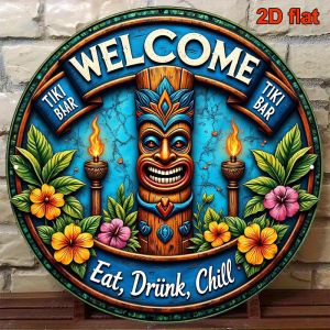 20cm Tropical Style Retro Hawaiian Tiki Bar 2D Wooden Disc Tiki Mask with Flames And Hibiscus Flowers Design Home Hanging Decor