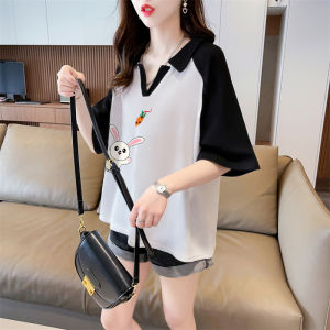 Summer Loose Short Sleeve V-Neck T-Shirt Womens Korean Style Maternity Polo Shirt Printed Commute Casual Cotton Blend
