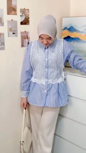 Blus Brukat Wanita Mix Salur Lengan Panjang Bahan Katun