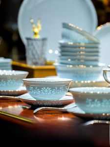 ชุดจานมุงล้ำค่า ชุดจานมุงลายสไตล์จีน ชุดจานมุงลายหยก ชุดจานมุงลายหยก เย็บขอบสีทอง ชุดจานมุงลายหยก