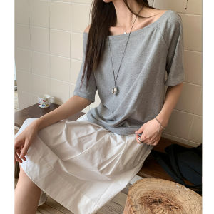 Áo Thun Tay Ngắn Hở Vai Thường Ngày Mùa Hè Cho Nữ Phong Cách Lười Biếng Thời Trang Bên Trong Cổ Chéo Áo Thun Cotton