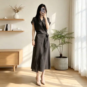 LIRUSHAN | French Gray V-neck Short Sleeve Slimming Dress