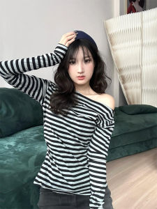 Retro American Shoulder Bared Striped Long Sleeve T Shirt Womens Slim Fit Thin Waist Cinched Pleated Spicy Top Trendy