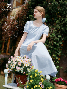 XIANGYING | Elegant French Style Slim-fit Dress with Puffed Sleeves Light Blue Cotton