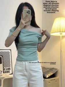 Slim Fit Summer New Design Shoulder Bared Elastic Short Sleeve T-Shirt Womens Fashion Asymmetric Neckline Pure Elasticity Top