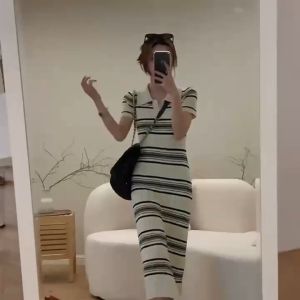 Korean Style Striped Knitted Short Sleeved Dress Women Casual Long Dress