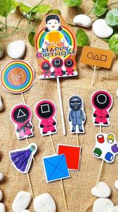 Squid Game Birthday Cake Topper Cupcake Pudding Tumpeng Hampers Hiasan Dekorasi Kue Ulang Tahun