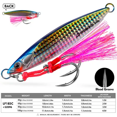 Proberos 40g-100g Rapid Sinking Metal Iron Plate Lead Jigging Lures 1PC Artificial Luminous Feather Hook Sea Bass Saltwater Bait