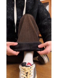 กางเกงกีฬาผู้ชายทรงหลวมขาตรงหนาป้องกันความร้อน ลายข้าวโพด Hiphop ทรงหลวม กางเกงขายาวทรงหลวมฤดูใบไม้ร่วง/ฤดูหนาว