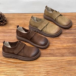 Handmade Soft Cowhide Leather Flat Bottom Deep Mouth round Head Magic Tape Womens Shoes Casual Fashion Loafers Comfortable