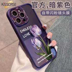 KISSCASE Two Tulips Clear Acrylic Painted Case For iPhone15 14Pro Max Luxury Slim Plating Rose Floral Pattern With Glitter Diamond Lens Film Built-in Camera Protector For Apple15 14 13 12 11 Shockproof Hard PC Case