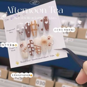 2024 New Cartoon Bear Wear Nail Long Plaid Nail Beauty White Nude Color Series Finished Product Nail Shaped Piece Niche Style