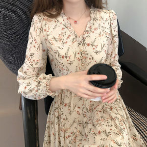 Spring 2025 Womens French Tea Break Design Floral Print Chiffon Dress Midi Korean Style A-Line Skirt Long Sleeve Polyester Fiber