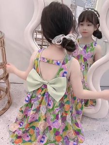 Sunday Kids Girls Backless Dress Summer Childrens Sweet Bowknot Floral Princess Dress For Kids Girl Clothes