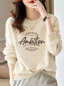 หลวม Fit ผ้าฝ้าย เสื้อสเว็ตเชิ้ต ผู้หญิง ใส่ตัวใน ผ้าขนแกะ เรียงราย หนาขึ้น คอกลมคอกลม เสื้อท่อนบน สบาย ลำลอง เสื้อสวม