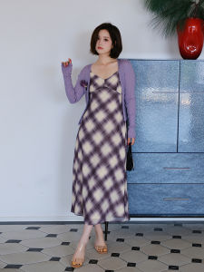 MIUCO ชุดเดรสยาวแขนยาวสีม่วงสไตล์เกาหลี ทรงเอ กระโปรงทรงเอ ชุดเดรสสองชิ้น คอวี แขนยาว ทรงเข้ารูป สำหรับผู้หญิง