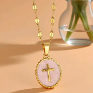 Mặt Dây Chuyền Hình Chữ Thập Elip Bằng Thép Không Gỉ Dành Cho Nữ Đính Đá Opal Men Màu Tự Nhiên Quà Tặng Trang Sức Thời Trang
