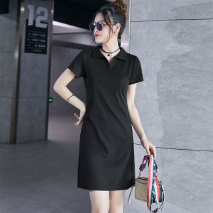 Sporty Polo Dress Women Summer 2025 Casual Small Size Slimming Tummy Covering Knitted Elegant T-Shirt Dress Cotton Knit