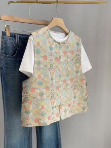 New Chinese Style Song Jin Floral Print Vest Top Womens Outerwear Ageless Sleeveless round Neck Polyester Fiber Commute