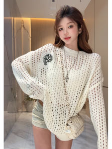 Loose round Neck Knitted Hollow out Hole Womens Sweater White Crew Neck Pullover Summer Sun Protection Knitwear Top