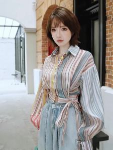 MIUCO | Áo Sọc Dài Tay Thiết Kế Cổ Áo Nơ Siết Eo Ngắn