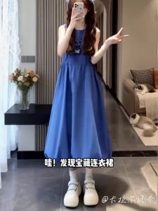 Karrar betsey | Đầm Không Tay Nơ Gút eo Phong Cách Hoa Nhụy cho Người Bé nhỏ Màu Xanh