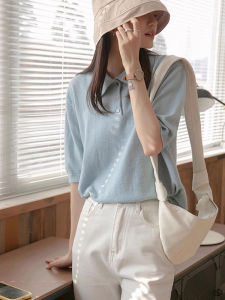 Retro Polo Neck Knitted Short Sleeve T-Shirt Womens Loose Fit Slimming Top Summer New Style Fashionable Ageless Casual Wear