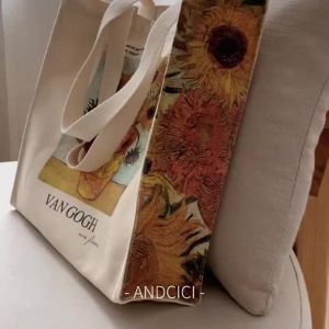 228Andcici ◆   Museum ~ Van Gogh Sunflower Zip Canvas Bag Work Commuter Bag Large Capacity Student Schoolbag