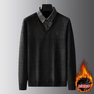 Mens Knitted Fleece Lined Thickened Shirt Collar Sweater Two Piece Look Casual Wear Trendy Bottoming Shirt for Autumn Winter