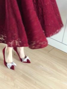 Elegant Red Chinese Style Wedding Shoes Womens High Heels Comfortable Footwear Pearl Butterfly Knot Evening Gown Shoes