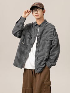 Japanese Style Overalls Long Sleeve Shirt Mens Spring and Autumn Striped Retro Casual Mens Shirt Fancy Easy Matching Coat Men