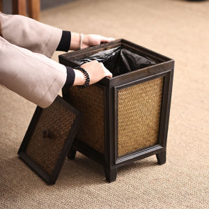 Rattan basket wooden trash can Native bin Handwoven basket trash can with decorative lid natural wood trash can