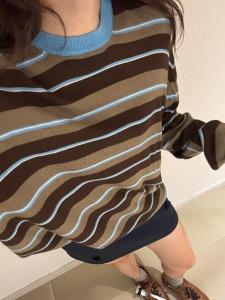 Áo Thun Cổ Tròn Tay Dài Sọc Màu Nâu Cổ Điển Mỹ Thiết Kế Áo Ngắn Mùa Thu Phong Cách Retro Chất Liệu Khác Màu Trung Tính