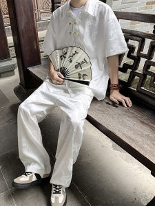 New Chinese Style Mens Short Sleeve Embroidered Shirt Ice Silk Wide Leg Pants Summer Thin Set Casual Sportswear Teenage