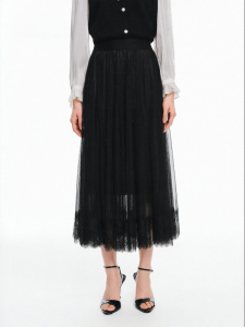 Koradior | Black Lace and Mesh Patchwork Midi Skirt