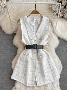 Fashionable Autumn Winter V-neck Waist-cinched Slimming Tweed Vest Dress Korean Style A-line Skirt No-sleeve Midi Dress