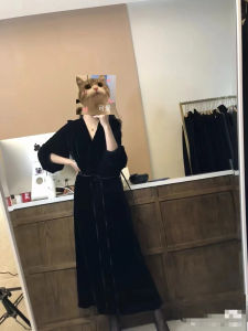 Elegant Long Sleeve Silk Velvet Waist-Cinching Hepburn Style Dress by Yu Qi Luxury Fashion True Silk Loose Belted Womens Dress
