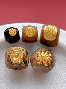 Gold Plated S925 Antique Silver Engraved Natural Sandalwood Nine-Tailed Fox Mother of Pearl Spacer Beads round Beads DIY Accessories