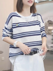 Shalldoer | Summer Striped Long Sleeve Loose Casual Womens T-shirt Cool Feeling Straight Tube Top Cover Up Shirt Fashionable All Match